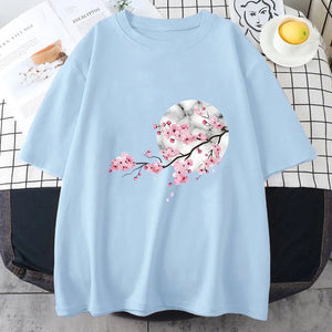 Sakura Cherry Blossom Full Moon Cotton Tee-Kawaii Dream