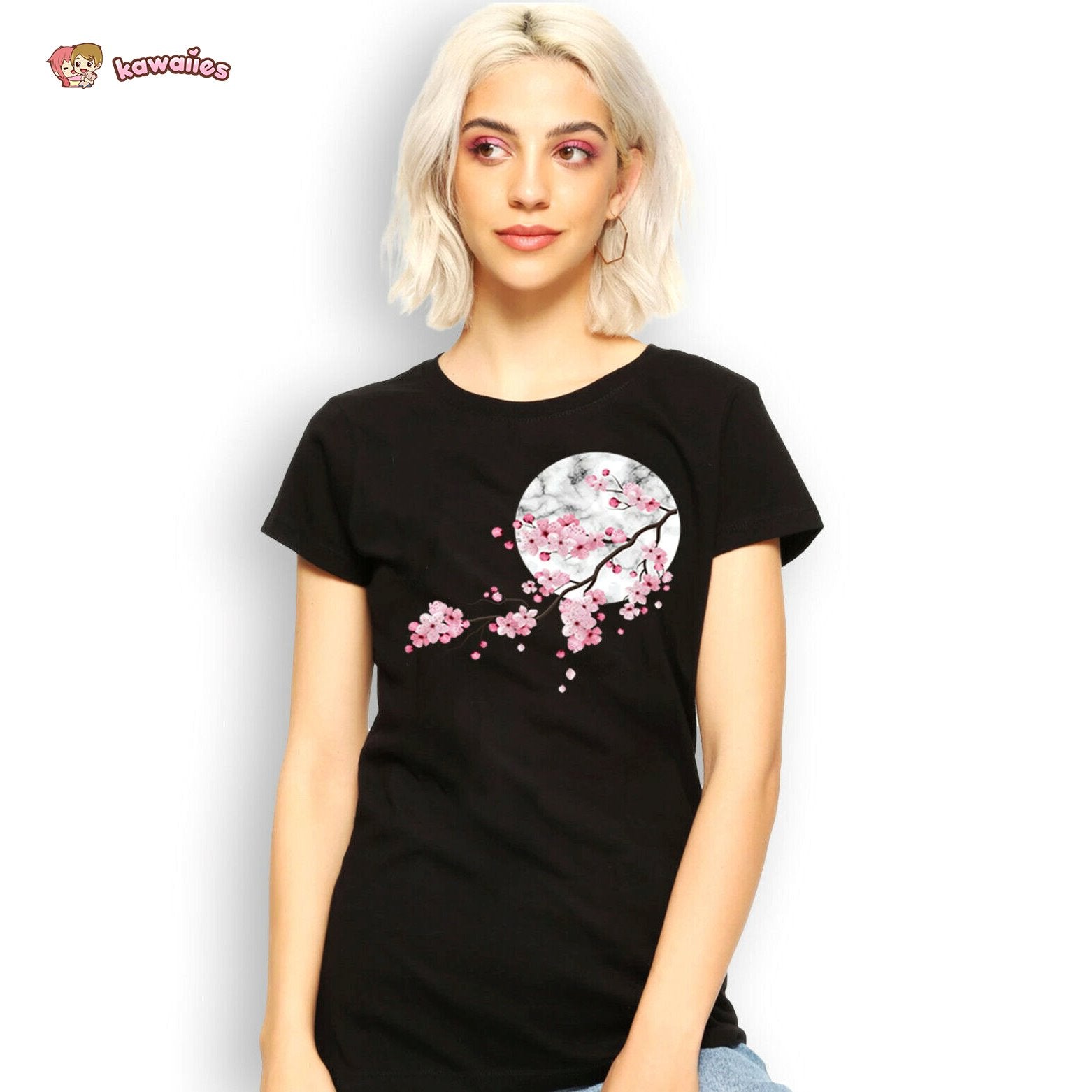 Sakura Cherry Blossom Full Moon Cotton Tee-Kawaii Dream