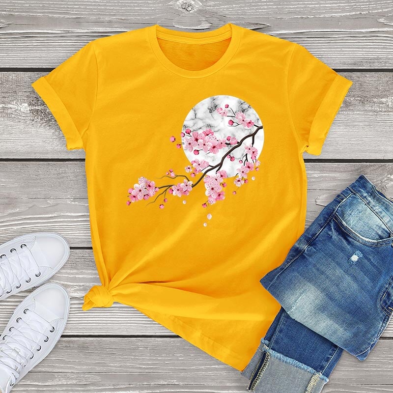 Sakura Cherry Blossom Full Moon Cotton Tee-Kawaii Dream