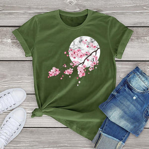 Sakura Cherry Blossom Full Moon Cotton Tee-Kawaii Dream