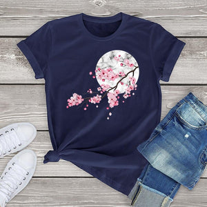 Sakura Cherry Blossom Full Moon Cotton Tee-Kawaii Dream