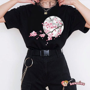 Sakura Cherry Blossom Full Moon Cotton Tee-Kawaii Dream