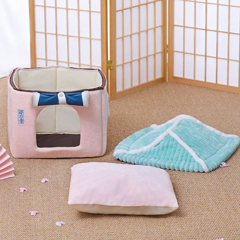 Sakura Temple Pink Green Shrine Cat Dog Bed Hideout House-Kawaii Dream