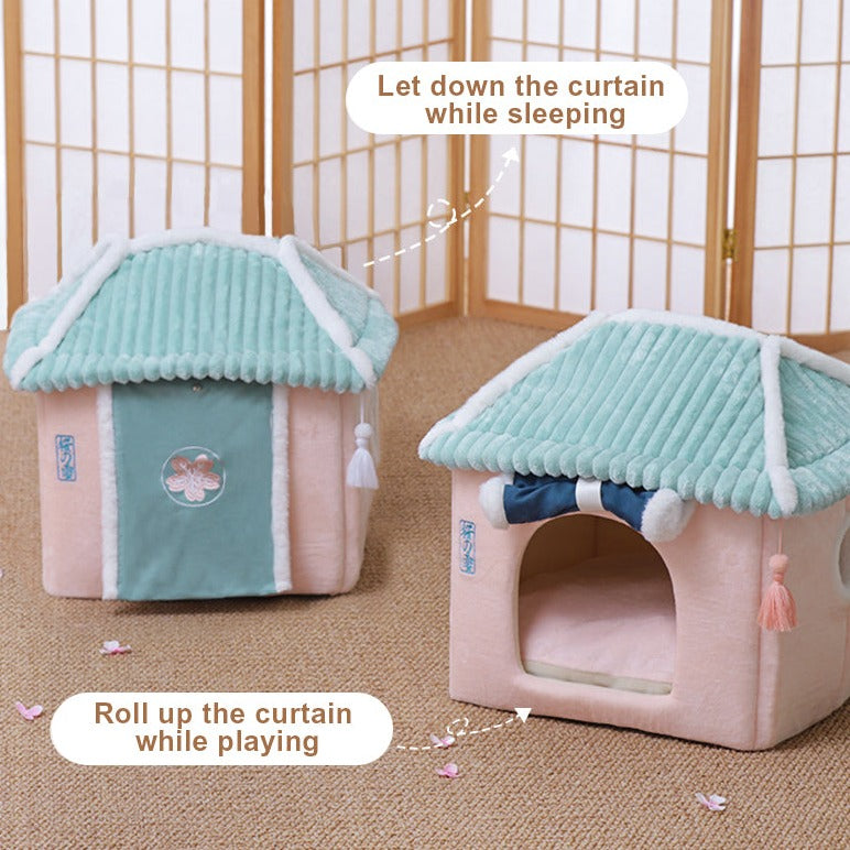 Sakura Temple Pink Green Shrine Cat Dog Bed Hideout House-Kawaii Dream