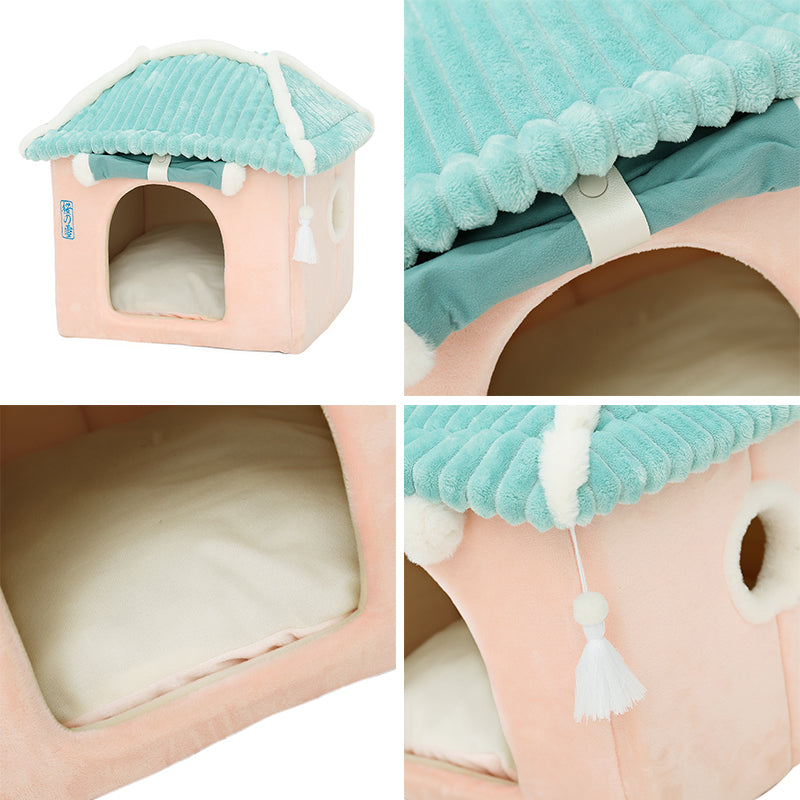 Sakura Temple Pink Green Shrine Cat Dog Bed Hideout House-Kawaii Dream