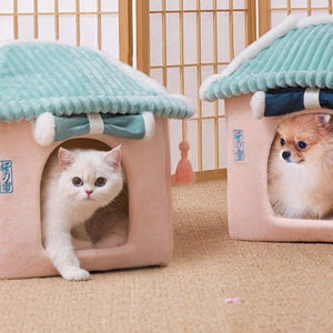 Sakura Temple Pink Green Shrine Cat Dog Bed Hideout House-Kawaii Dream