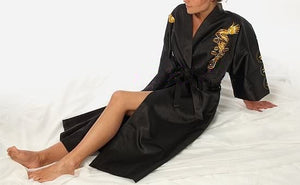 Satin Silk Golden Dragon Embroidery Long Kimono Gown-Kawaii Dream