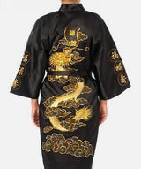 Satin Silk Golden Dragon Embroidery Long Kimono Gown-Kawaii Dream