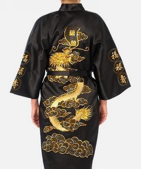 Satin Silk Golden Dragon Embroidery Long Kimono Gown-Kawaii Dream