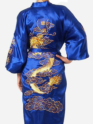 Satin Silk Golden Dragon Embroidery Long Kimono Gown-Kawaii Dream