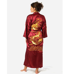 Satin Silk Golden Dragon Embroidery Long Kimono Gown-Kawaii Dream