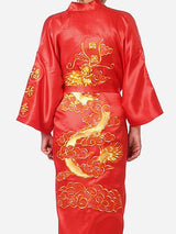 Satin Silk Golden Dragon Embroidery Long Kimono Gown-Kawaii Dream