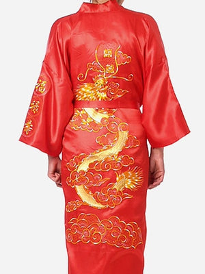 Satin Silk Golden Dragon Embroidery Long Kimono Gown-Kawaii Dream