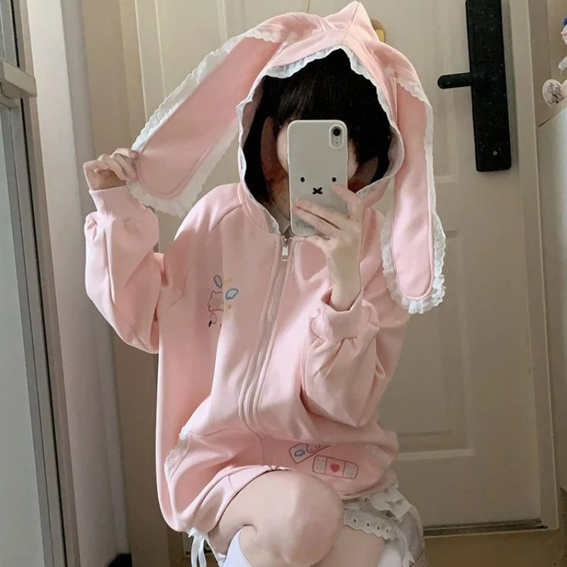kawaii pink bunny ear lace hoodie hood up cutecore harajuku zip-up sweatshirt mirror selfie