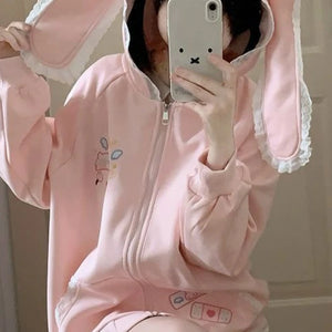 kawaii pink bunny ear lace zip-up hoodie close-up front print detail harajuku cutecore