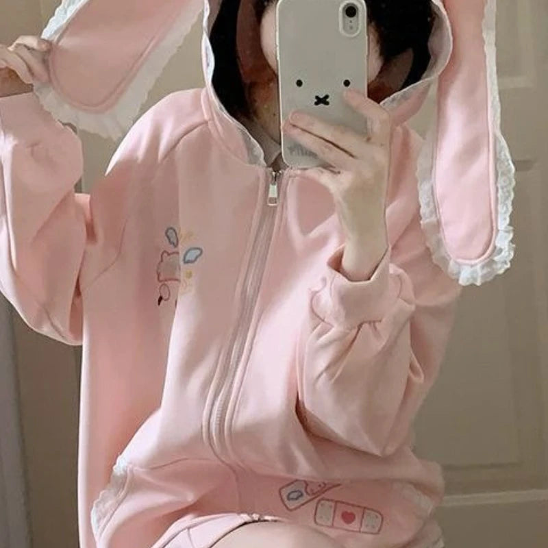 kawaii pink bunny ear lace zip-up hoodie close-up front print detail harajuku cutecore