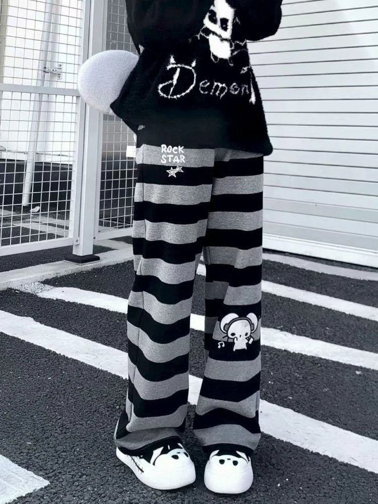 Striped Cartoon Embroidery Wide Leg Pants
