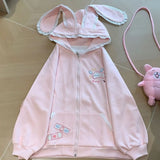kawaii pink lace bunny ear hoodie flat lay full view harajuku cutecore with pink plushie