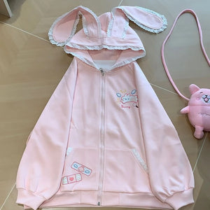 kawaii pink lace bunny ear hoodie flat lay full view harajuku cutecore with pink plushie