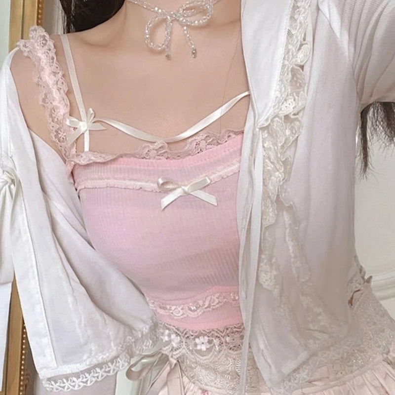Sweet Lace Bow Knit Crop Tank Top