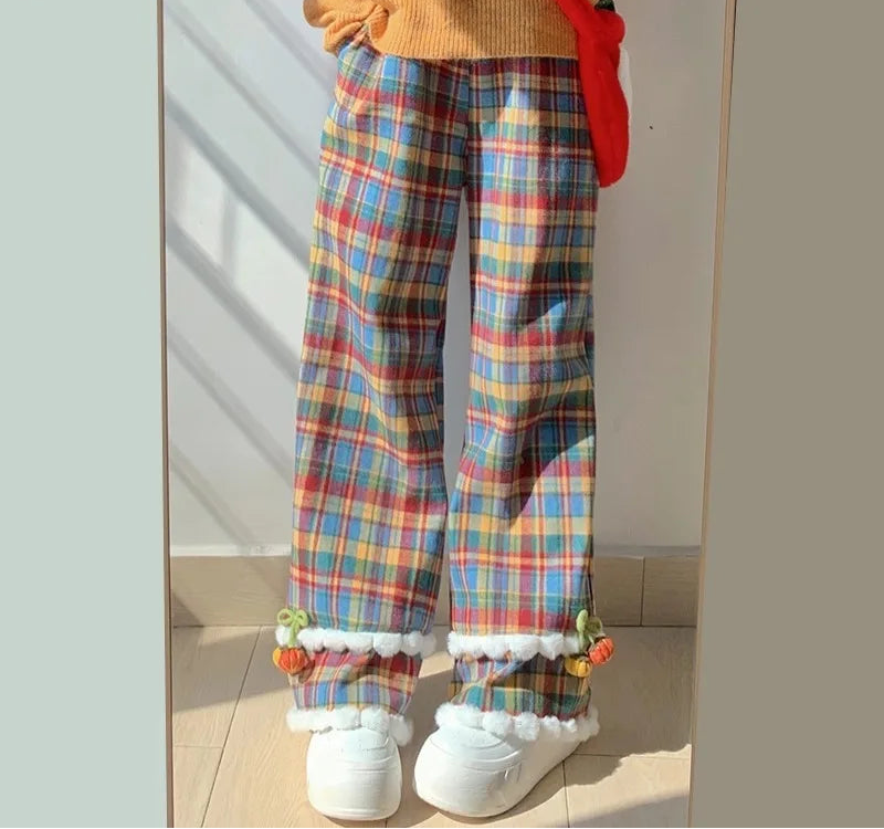 Colorful Plaid Wide Leg Corduroy Pants