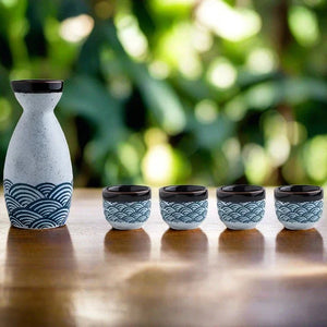Seigaiha Sea Blue Japanese Ceramic Sake Set-Kawaii Dream