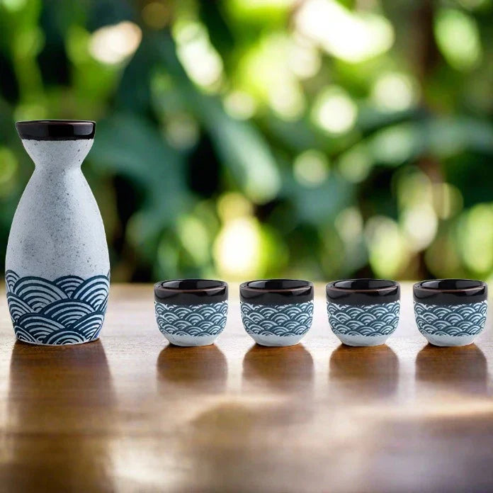 Seigaiha Sea Blue Japanese Ceramic Sake Set-Kawaii Dream