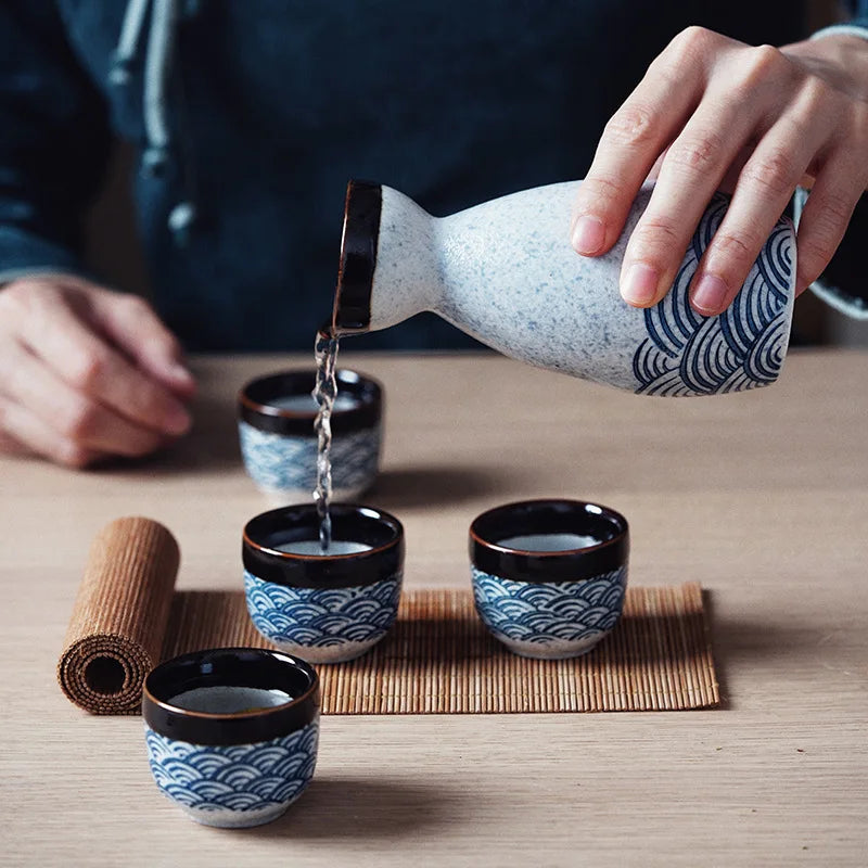 Seigaiha Sea Blue Japanese Ceramic Sake Set-Kawaii Dream