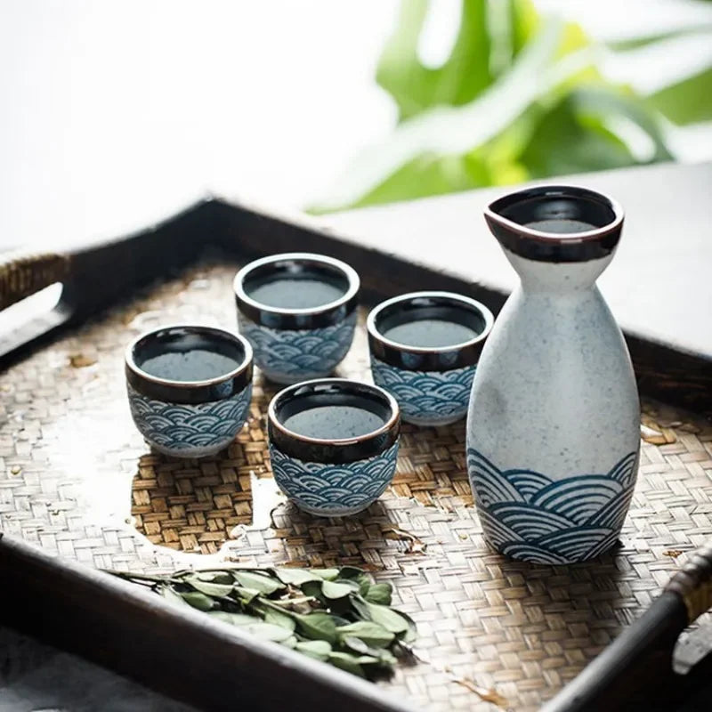 Seigaiha Sea Blue Japanese Ceramic Sake Set-Kawaii Dream