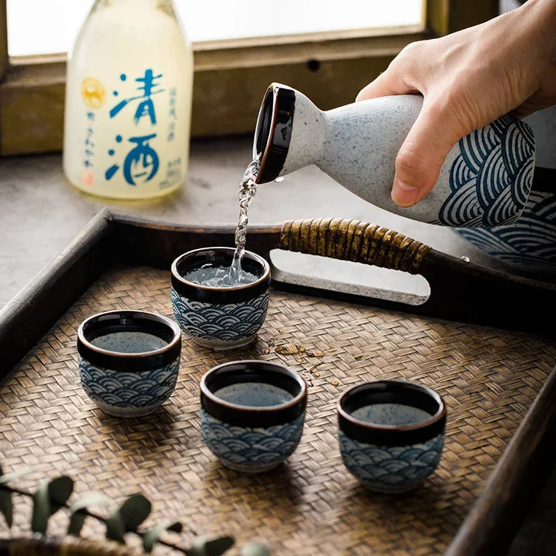 Seigaiha Sea Blue Japanese Ceramic Sake Set-Kawaii Dream