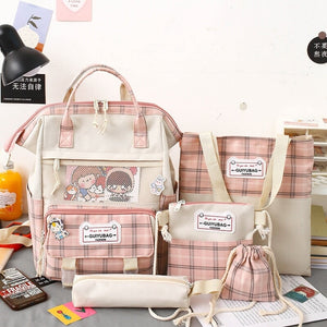 Set of 5 Kawaii Plaid Backpack Bag Collection-Kawaii Dream