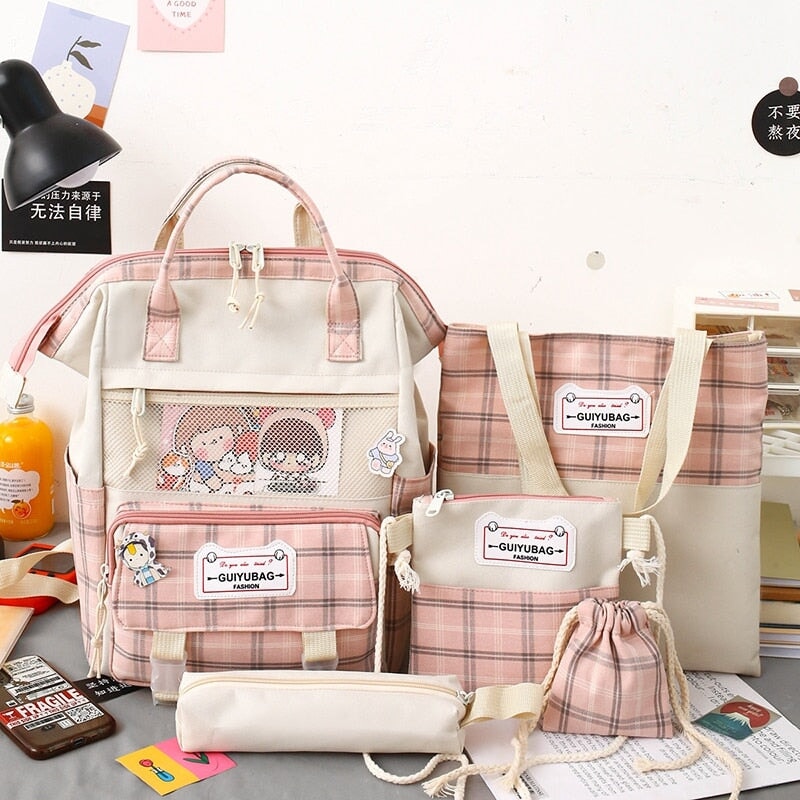 Set of 5 Kawaii Plaid Backpack Bag Collection-Kawaii Dream