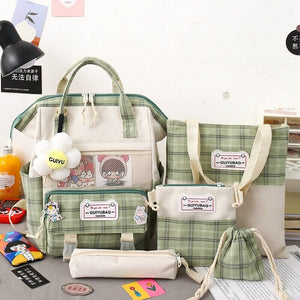 Set of 5 Kawaii Plaid Backpack Bag Collection-Kawaii Dream