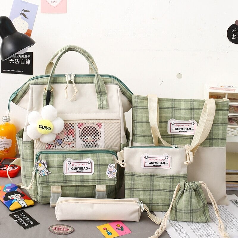 Set of 5 Kawaii Plaid Backpack Bag Collection-Kawaii Dream