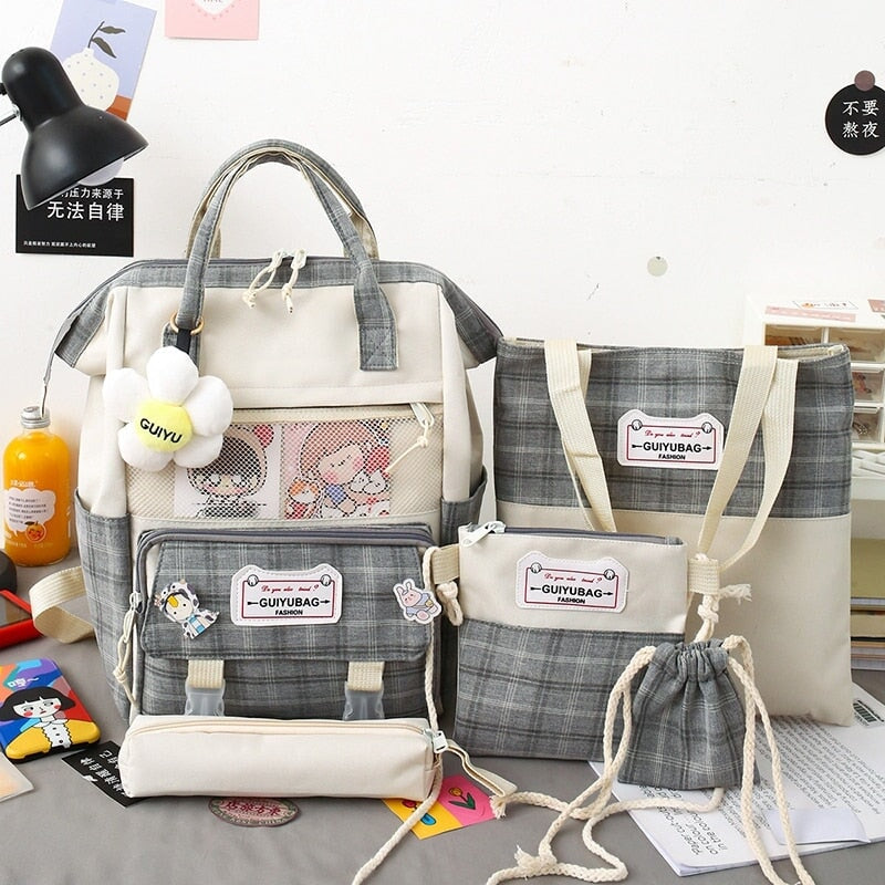 Set of 5 Kawaii Plaid Backpack Bag Collection-Kawaii Dream
