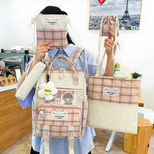 Set of 5 Kawaii Plaid Backpack Bag Collection-Kawaii Dream