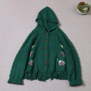 kawaii mori girl hooded cardigan forest green floral embroidery cable knit tassel fringe flat lay