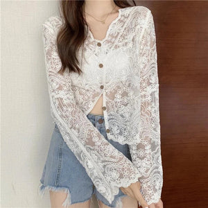 Sheer Long Sleeve Button Women's Cardigan-Kawaii Dream