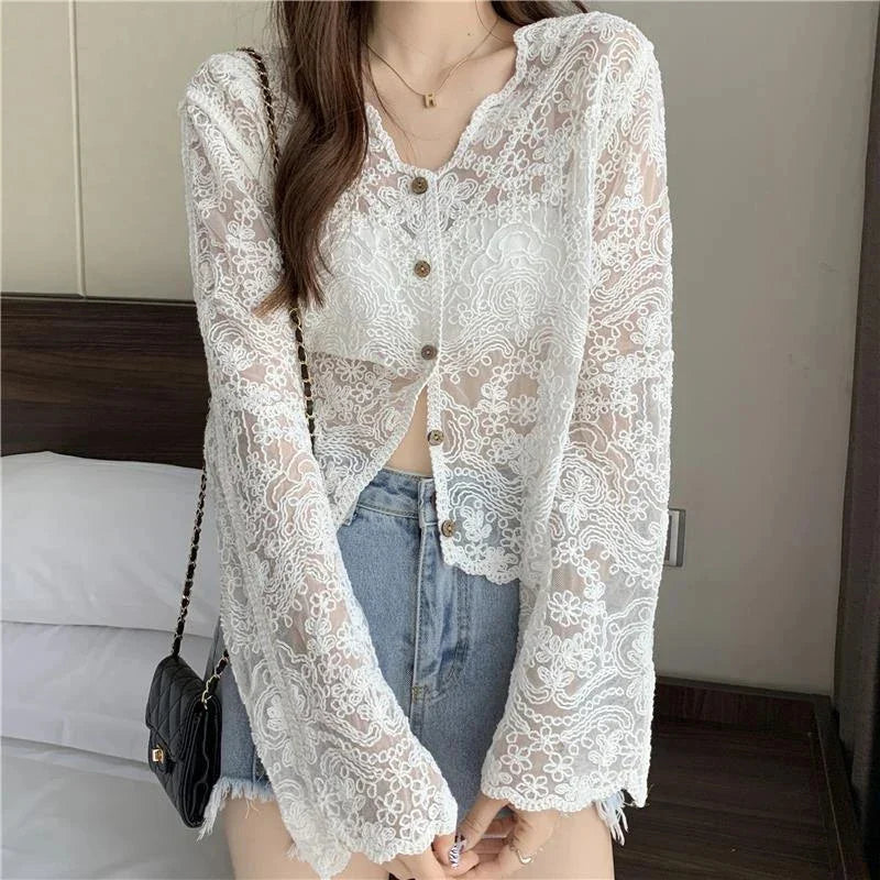 Sheer Long Sleeve Button Women's Cardigan-Kawaii Dream