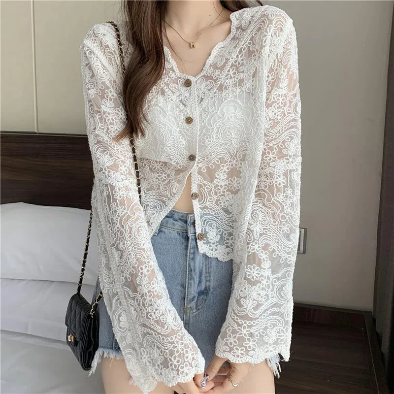 Sheer Long Sleeve Button Women's Cardigan-Kawaii Dream
