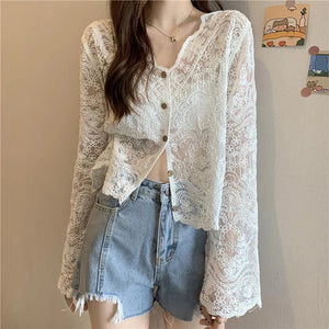 Sheer Long Sleeve Button Women's Cardigan-Kawaii Dream