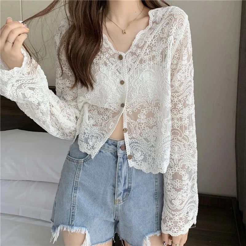 Sheer Long Sleeve Button Women's Cardigan-Kawaii Dream