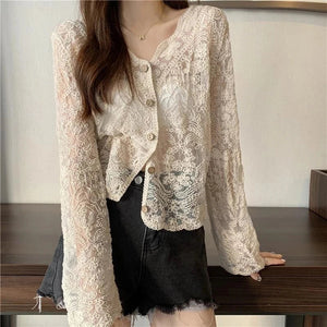 Sheer Long Sleeve Button Women's Cardigan-Kawaii Dream