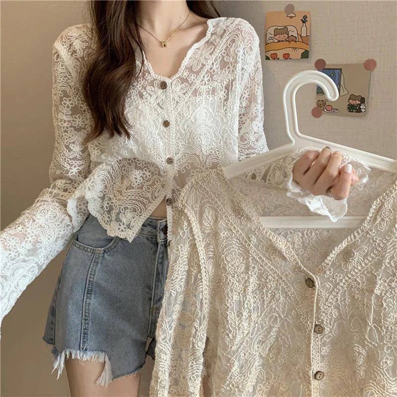Sheer Long Sleeve Button Women's Cardigan-Kawaii Dream