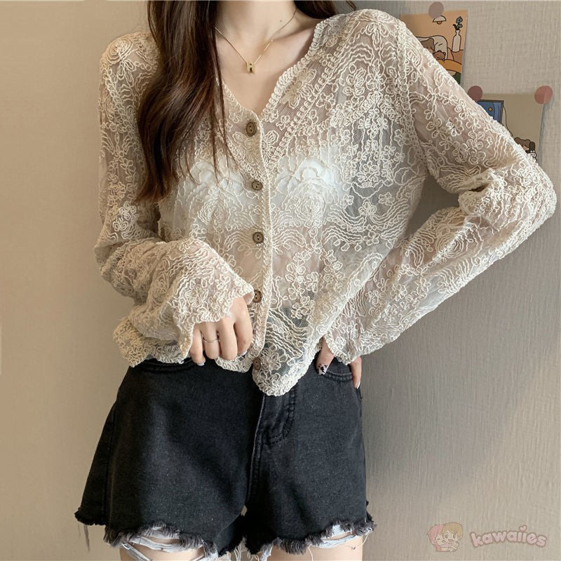 Sheer Long Sleeve Button Women's Cardigan-Kawaii Dream