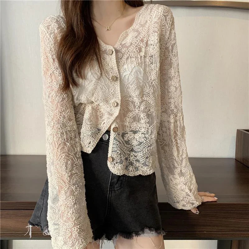 Sheer Long Sleeve Button Women's Cardigan-Kawaii Dream
