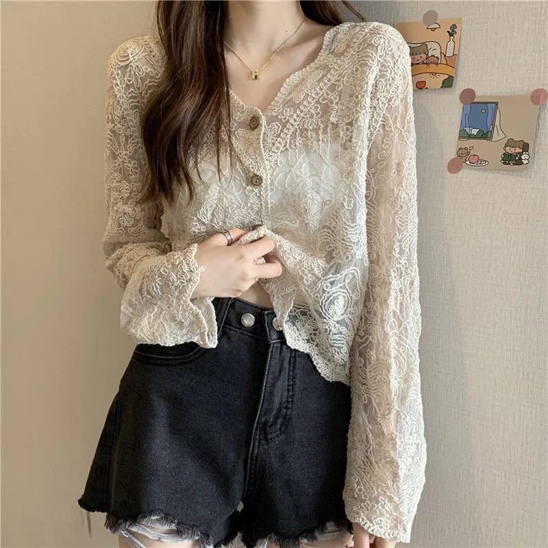 Sheer Long Sleeve Button Women's Cardigan-Kawaii Dream