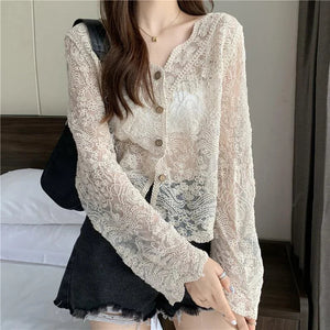 Sheer Long Sleeve Button Women's Cardigan-Kawaii Dream