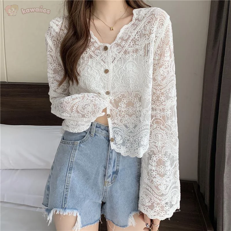 Sheer Long Sleeve Button Women's Cardigan-Kawaii Dream