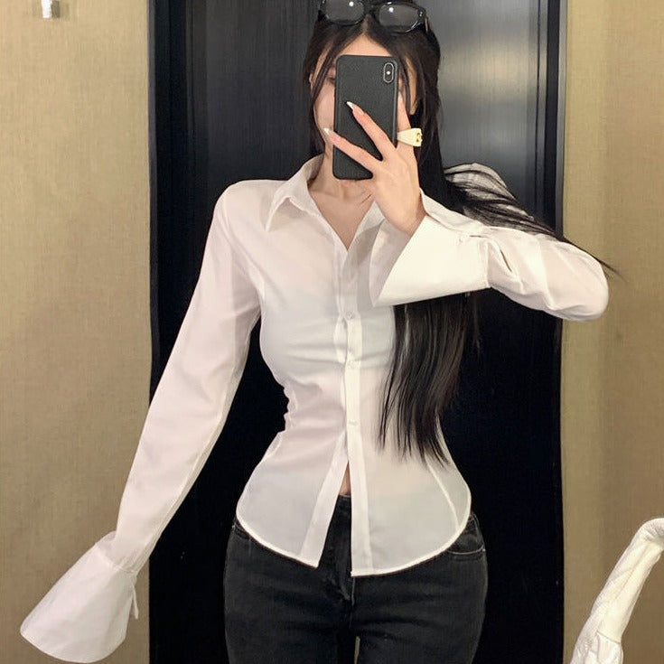 Slim Waist Chiffon Flared Shirt-Kawaii Dream